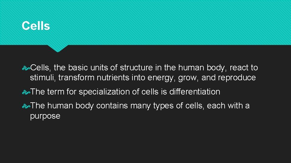 Cells, the basic units of structure in the human body, react to stimuli, transform Cells, the basic units of structure in the human body, react to stimuli, transform