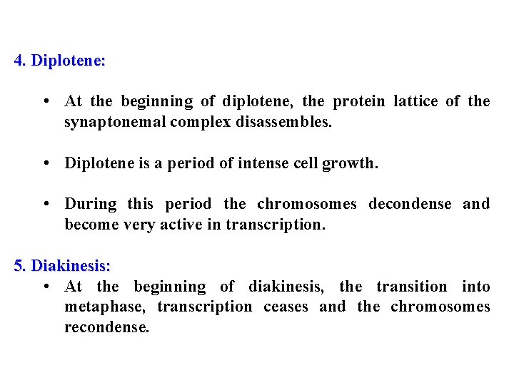 4. Diplotene: • At the beginning of diplotene, the protein lattice of the synaptonemal