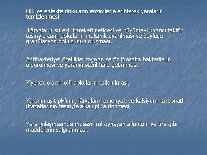 1. Ölü ve enfekte dokuların enzimlerle eritilerek yaraların temizlenmesi, 2. Lârvaların sürekli hareketi neticesi