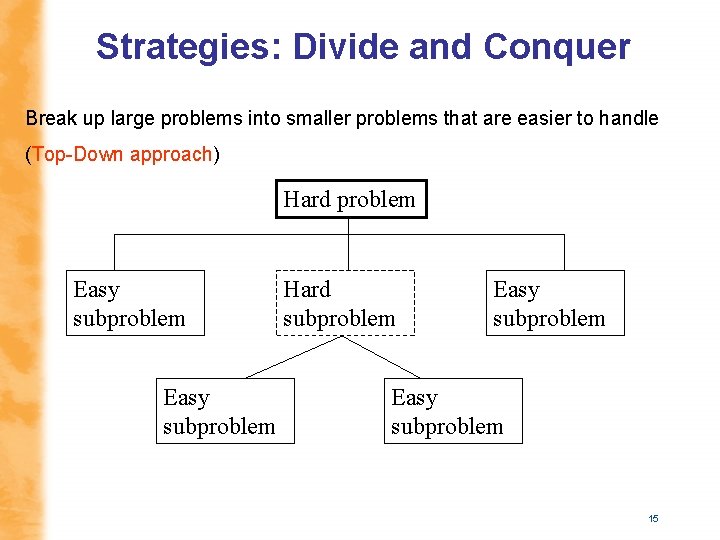 Strategies: Divide and Conquer Break up large problems into smaller problems that are easier