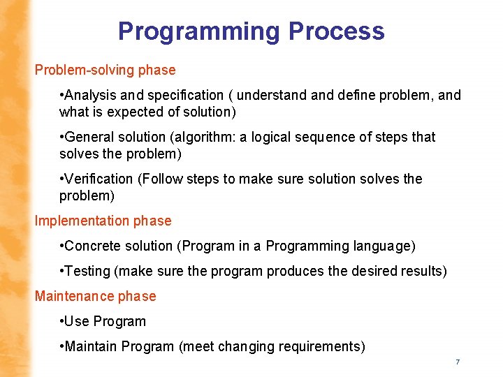 Programming Process Problem-solving phase • Analysis and specification ( understand define problem, and what