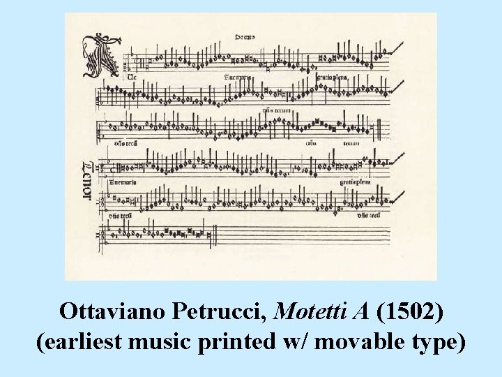 Ottaviano Petrucci, Motetti A (1502) (earliest music printed w/ movable type) 