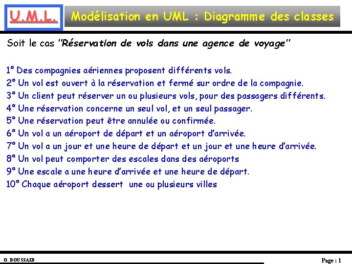 U. M. L. Modélisation en UML : Diagramme des classes Soit le cas ’’Réservation