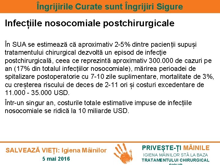 Îngrijirile Curate sunt Îngrijiri Sigure Infecțiile nosocomiale postchirurgicale În SUA se estimează că aproximativ