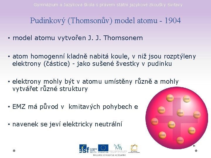 Gymnázium a Jazyková škola s právem státní jazykové zkoušky Svitavy Pudinkový (Thomsonův) model atomu