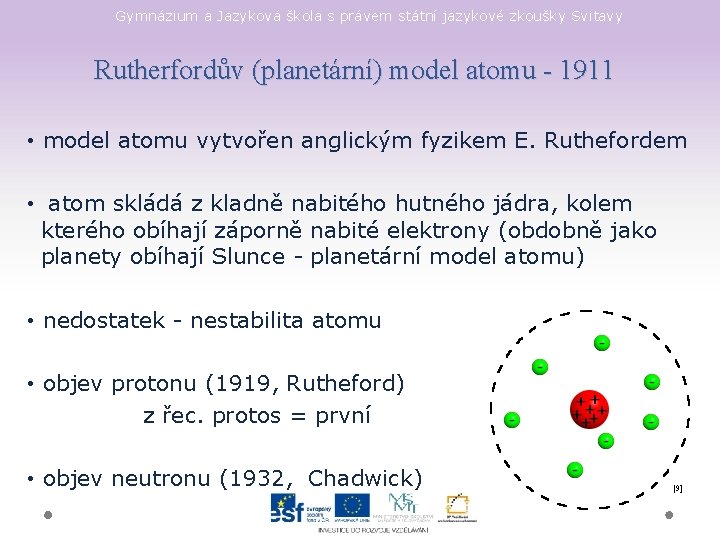 Gymnázium a Jazyková škola s právem státní jazykové zkoušky Svitavy Rutherfordův (planetární) model atomu