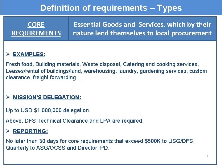 Definition of requirements – Types CORE REQUIREMENTS Essential Goods and Services, which by their