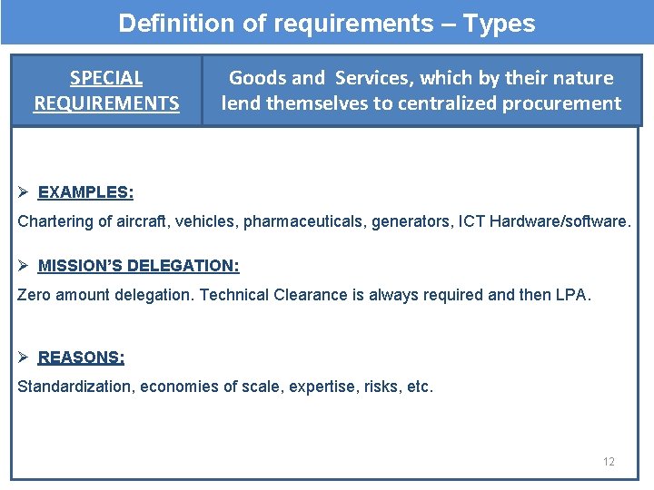 Definition of requirements – Types SPECIAL REQUIREMENTS Goods and Services, which by their nature