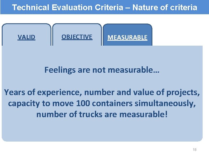 Technical Evaluation Criteria – Nature of criteria VALID OBJECTIVE MEASURABLE Feelings are not measurable…