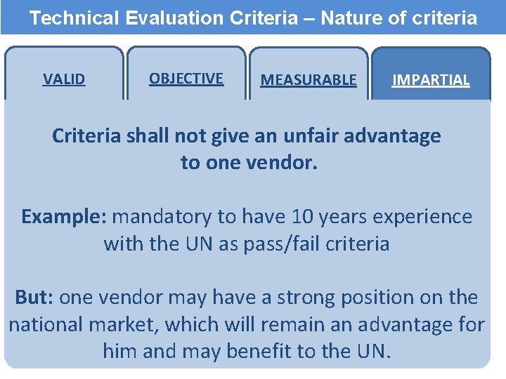 Technical Evaluation Criteria – Nature of criteria VALID OBJECTIVE MEASURABLE IMPARTIAL Criteria shall not