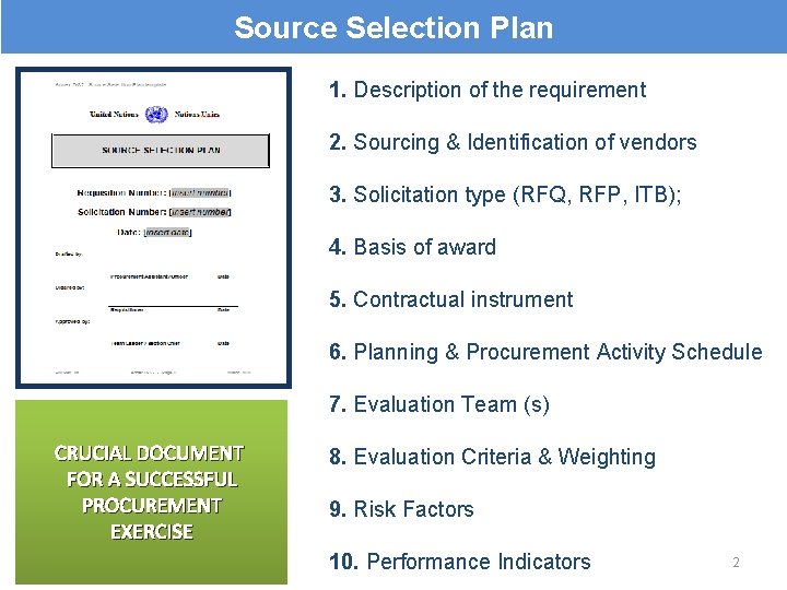 Source Selection Plan 1. Description of the requirement 2. Sourcing & Identification of vendors