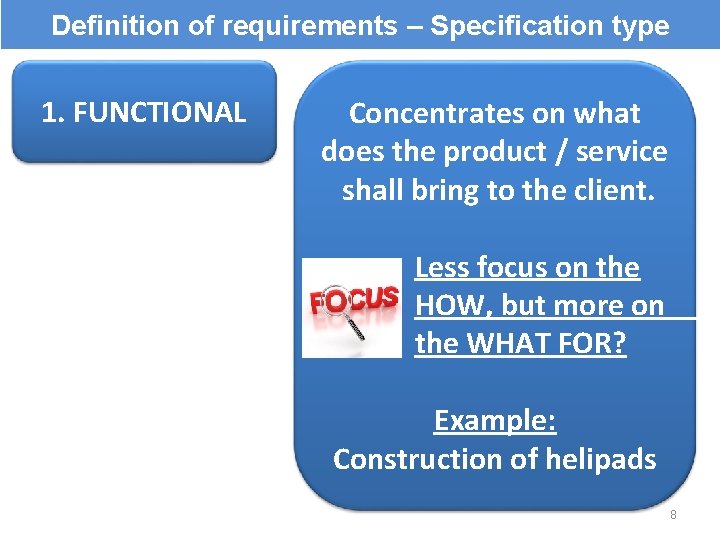 Definition of requirements – Specification type 1. FUNCTIONAL Concentrates on what does the product