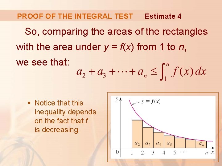 PROOF OF THE INTEGRAL TEST Estimate 4 So, comparing the areas of the rectangles