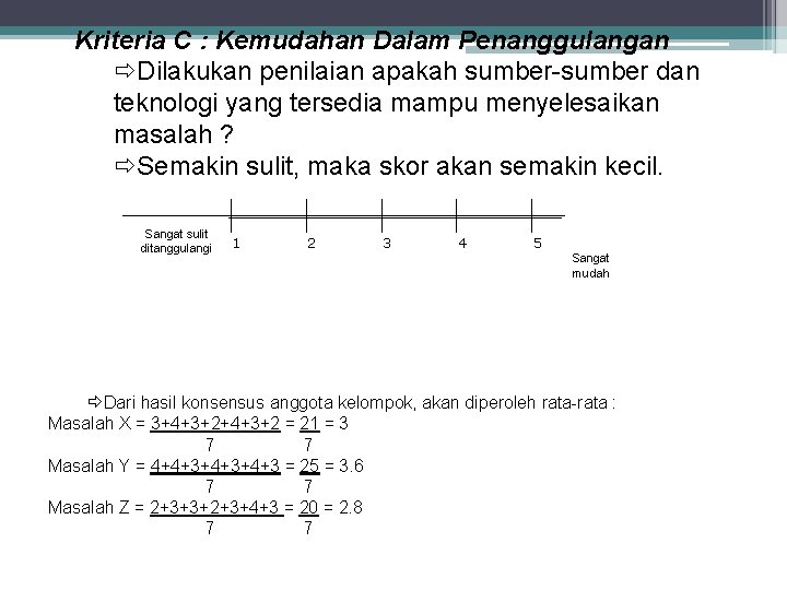 Kriteria C : Kemudahan Dalam Penanggulangan Dilakukan penilaian apakah sumber-sumber dan teknologi yang tersedia