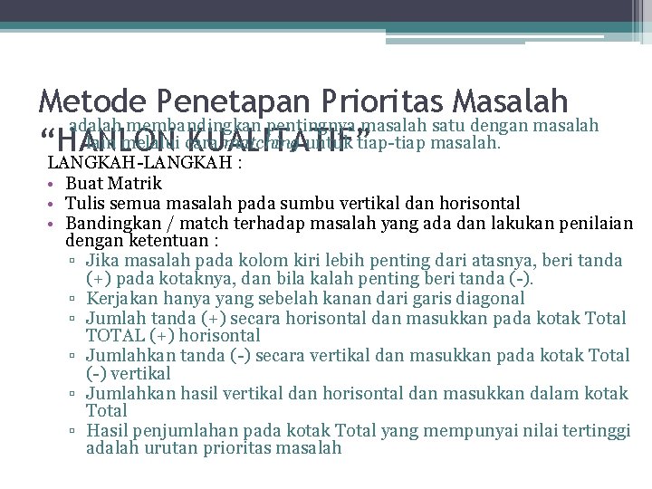 Metode Penetapan Prioritas Masalah adalah membandingkan pentingnya masalah satu dengan masalah lain melalui cara