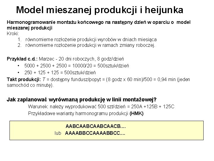 Model mieszanej produkcji i heijunka Harmonogramowanie montażu końcowego na następny dzień w oparciu o