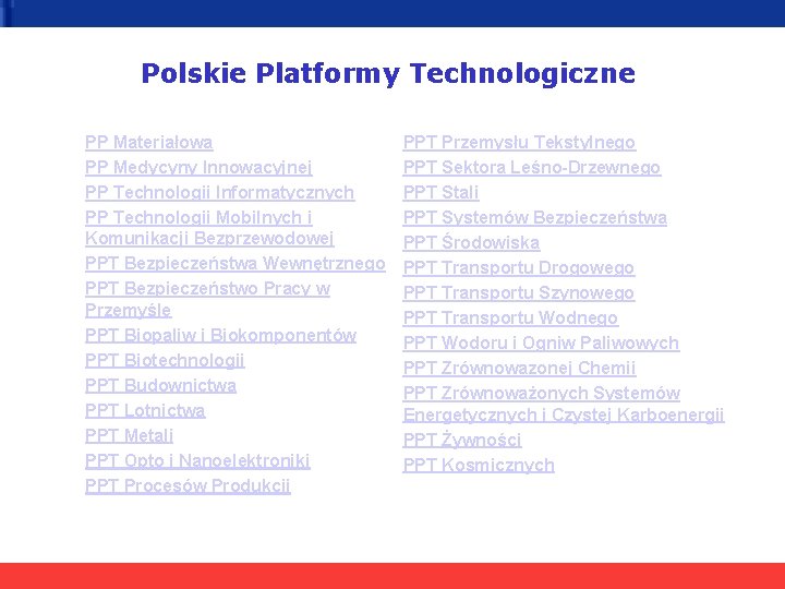 Polskie Platformy Technologiczne PP Materiałowa PP Medycyny Innowacyjnej PP Technologii Informatycznych PP Technologii Mobilnych