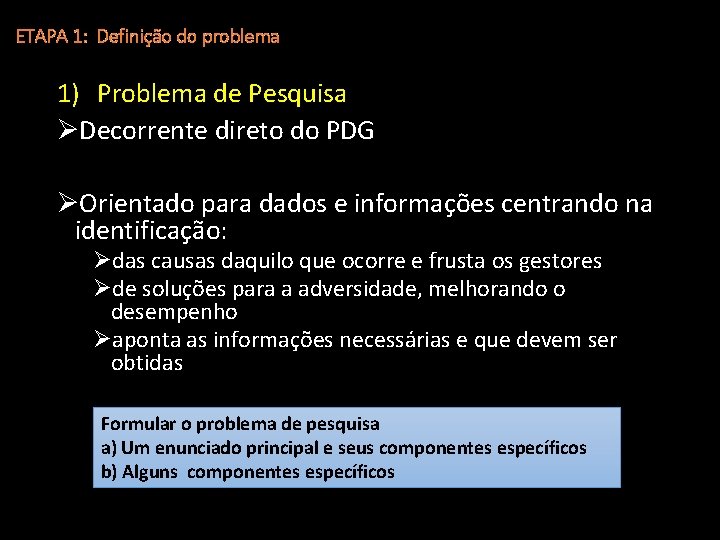 ETAPA 1: Definição do problema 1) Problema de Pesquisa ØDecorrente direto do PDG ØOrientado