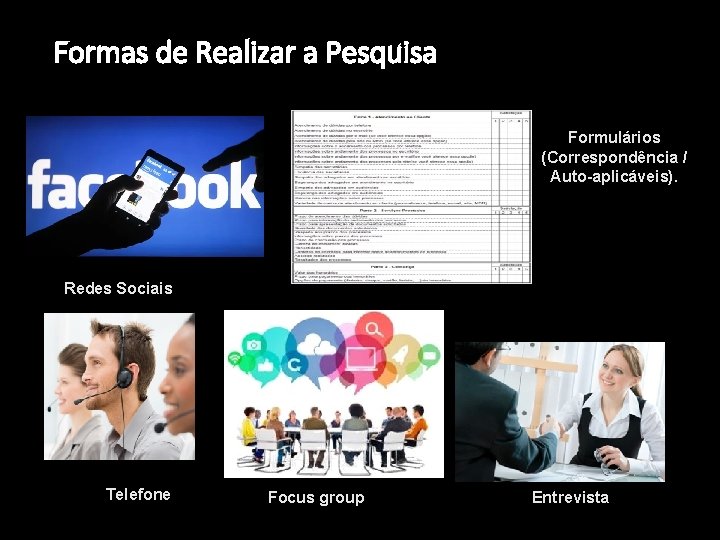 Formas de Realizar a Pesquisa Formulários (Correspondência / Auto-aplicáveis). Redes Sociais Telefone Focus group