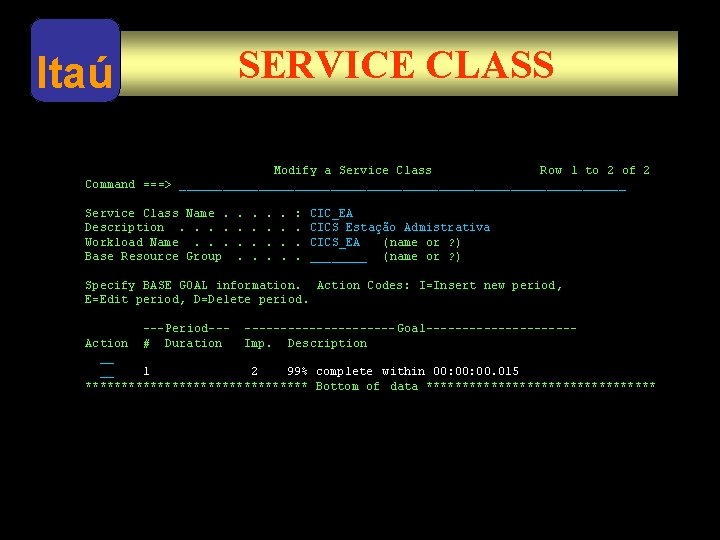 Itaú SERVICE CLASS -------------------------------------Modify a Service Class Row 1 to 2 of 2 Command