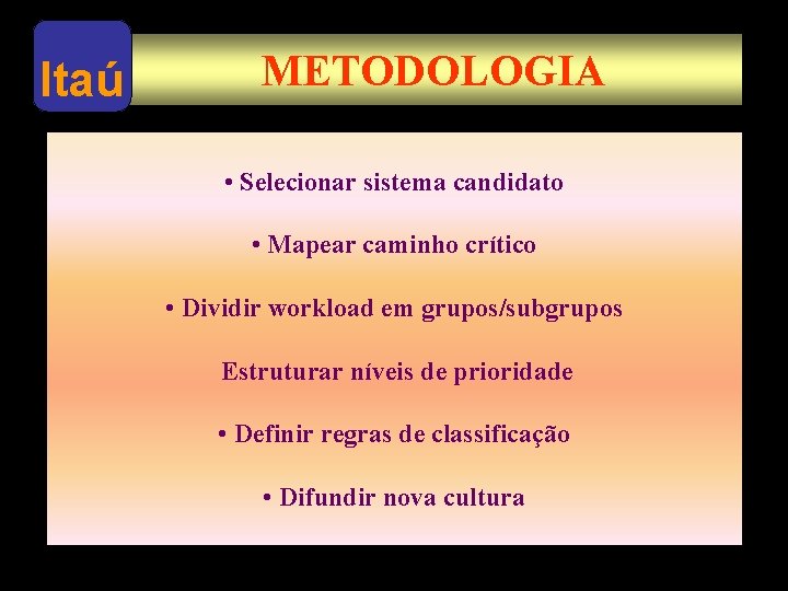 Itaú METODOLOGIA • Selecionar sistema candidato • Mapear caminho crítico • Dividir workload em