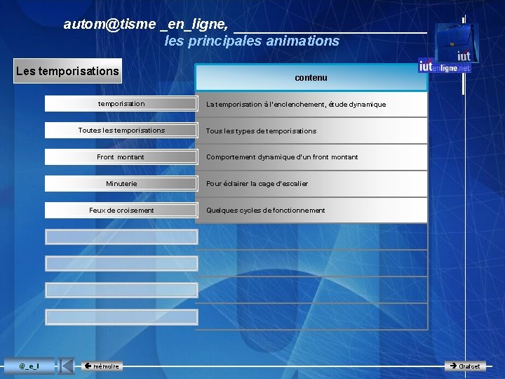 autom@tisme _en_ligne, les principales animations Les temporisation Toutes les temporisations Front montant Minuterie Feux