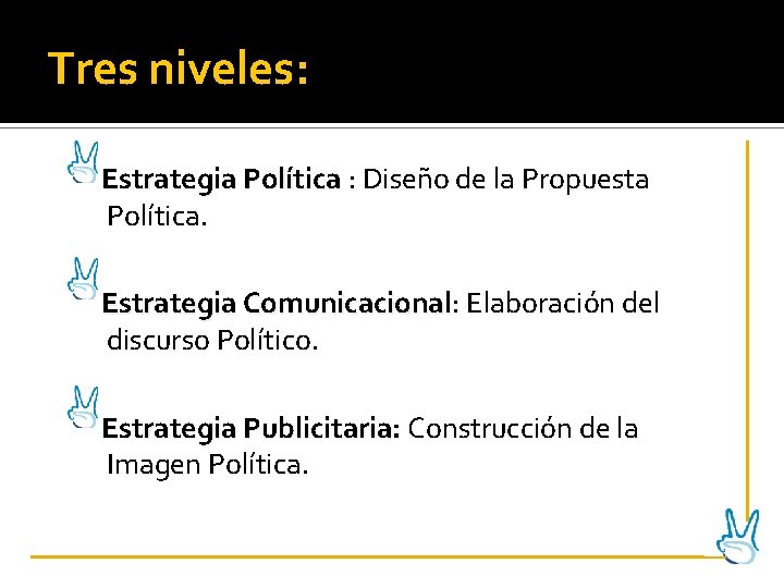 Tres niveles: Estrategia Política : Diseño de la Propuesta Política. Estrategia Comunicacional: Elaboración del