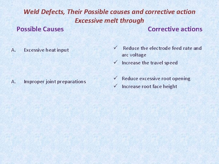 Weld Defects, Their Possible causes and corrective action Excessive melt through Possible Causes Corrective