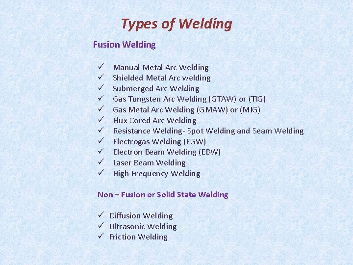 Types of Welding Fusion Welding ü ü ü Manual Metal Arc Welding Shielded Metal