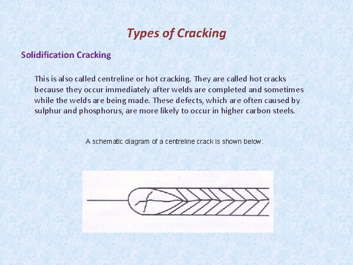 Types of Cracking Solidification Cracking This is also called centreline or hot cracking. They