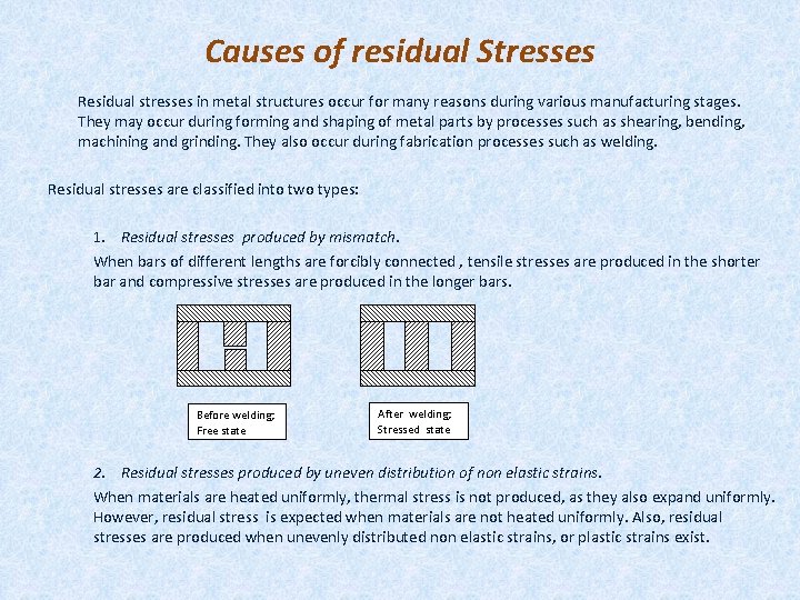 Causes of residual Stresses Residual stresses in metal structures occur for many reasons during