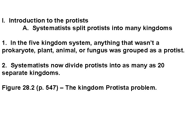 I. Introduction to the protists A. Systematists split protists into many kingdoms 1. In