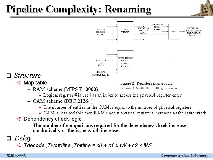 Pipeline Complexity: Renaming q Structure Map table - RAM scheme (MIPS R 10000) Palacharla