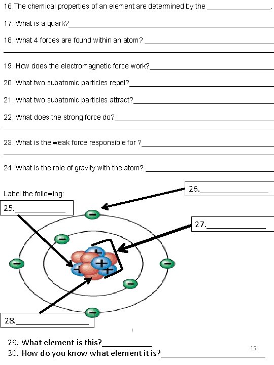 16. The chemical properties of an element are determined by the ________. 17. What