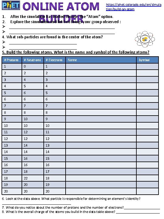 https: //phet. colorado. edu/en/simula tion/build-an-atom 1. After the simulation has loaded choose the “Atom”