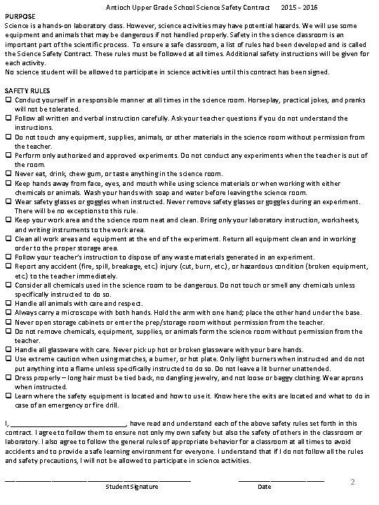 Antioch Upper Grade School Science Safety Contract 2015 - 2016 PURPOSE Science is a
