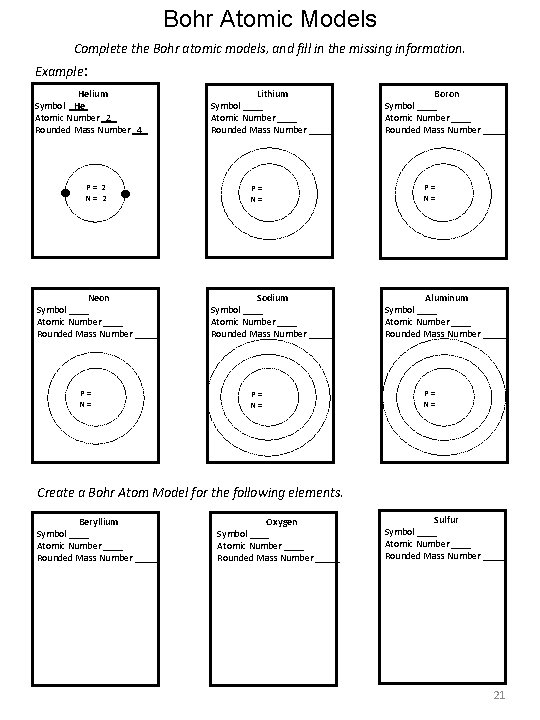 Bohr Atomic Models Complete the Bohr atomic models, and fill in the missing information.