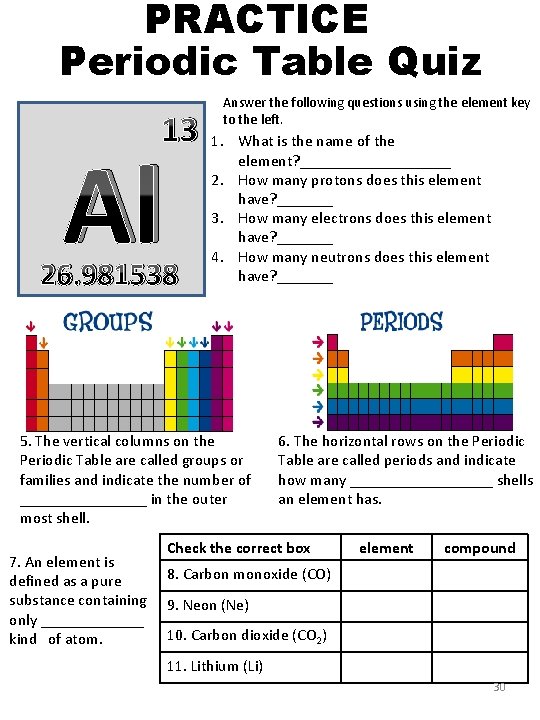 PRACTICE Periodic Table Quiz 13 Al 26. 981538 Answer the following questions using the