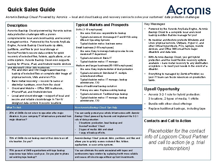 Quick Sales Guide Acronis Backup Cloud Powered by Acronis – local and cloud backup