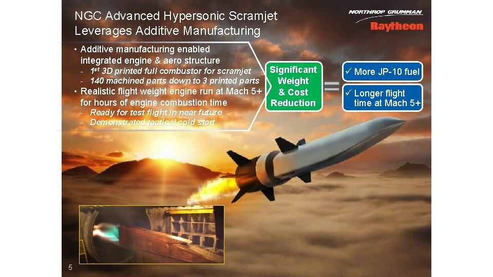 NGC Advanced Hypersonic Scramjet Leverages Additive Manufacturing • Additive manufacturing enabled integrated engine &