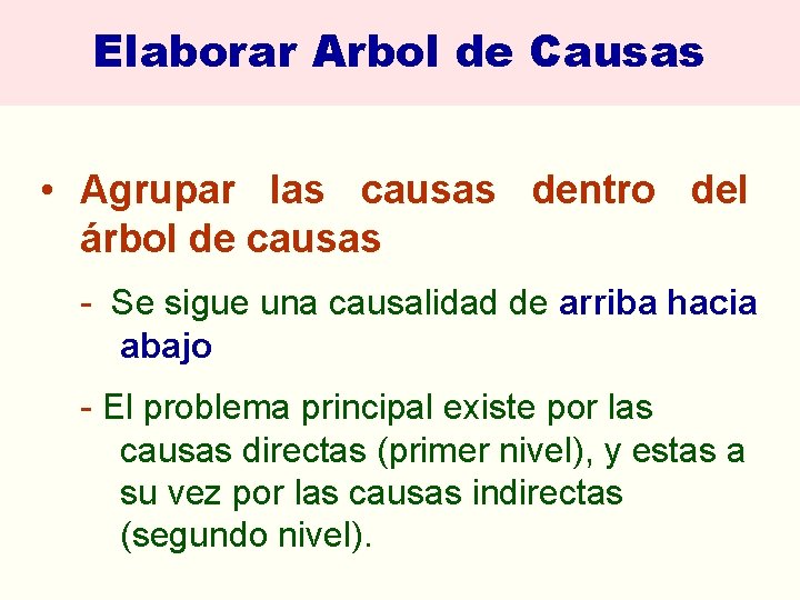 Elaborar Arbol de Causas • Agrupar las causas dentro del árbol de causas -