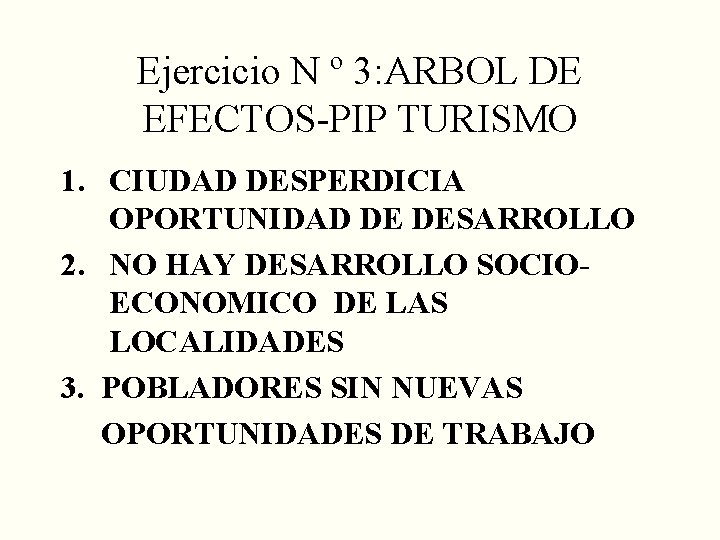 Ejercicio N º 3: ARBOL DE EFECTOS-PIP TURISMO 1. CIUDAD DESPERDICIA OPORTUNIDAD DE DESARROLLO