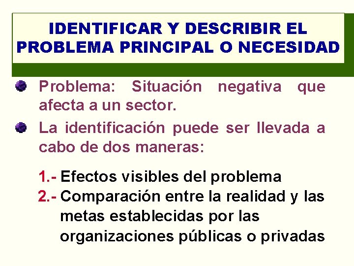 Objetivo IDENTIFICAR Y DESCRIBIR EL PROBLEMA PRINCIPAL O NECESIDAD Problema: Situación negativa que afecta