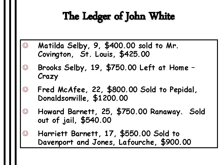 The Ledger of John White J Matilda Selby, 9, $400. 00 sold to Mr.