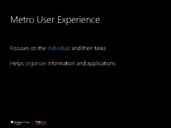 Metro User Experience Focuses on the individual and their tasks Helps organize information and