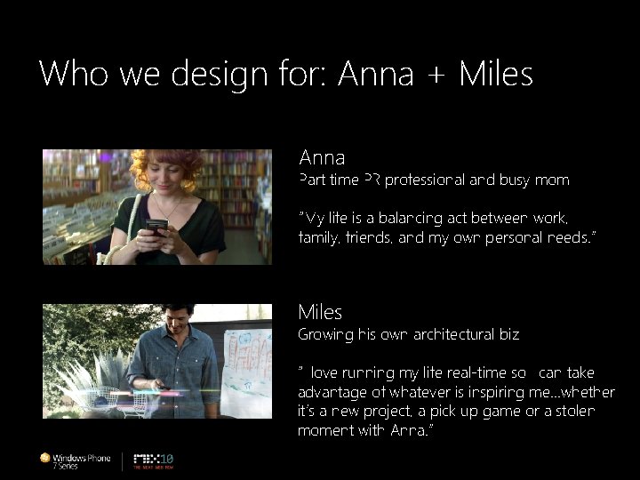 Who we design for: Anna + Miles Anna Part time PR professional and busy