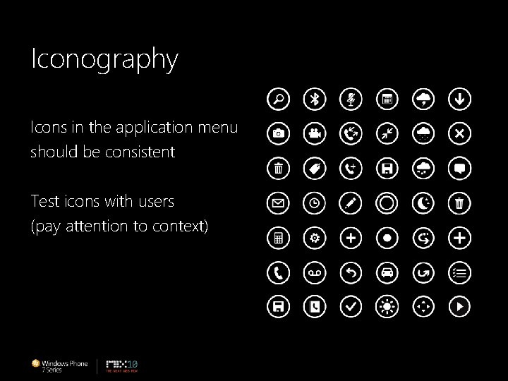 Iconography Icons in the application menu should be consistent Test icons with users (pay