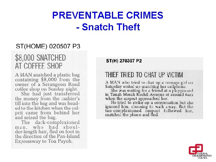 PREVENTABLE CRIMES - Snatch Theft 