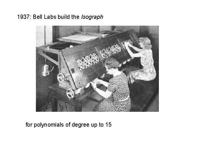 1937: Bell Labs build the Isograph for polynomials of degree up to 15 1937: Bell Labs build the Isograph for polynomials of degree up to 15