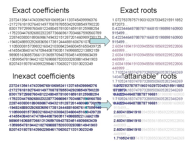 Exact coefficients Exact roots 2372413541474339676910695241133745439996376 -21727618192764014977087878553429208549790220 83017972998760481224804578100165918125988254 -175233447692680232287736669617034667590560789 228740383018936986749432151287201460989730173 -194824889329268365617381244488160676107856145 110500081573983216042103084234600451650439725 -41455438401474709440879035174998852213892159 9890516368573661313659709437834514939863439 Exact coefficients Exact roots 2372413541474339676910695241133745439996376 -21727618192764014977087878553429208549790220 83017972998760481224804578100165918125988254 -175233447692680232287736669617034667590560789 228740383018936986749432151287201460989730173 -194824889329268365617381244488160676107856145 110500081573983216042103084234600451650439725 -41455438401474709440879035174998852213892159 9890516368573661313659709437834514939863439